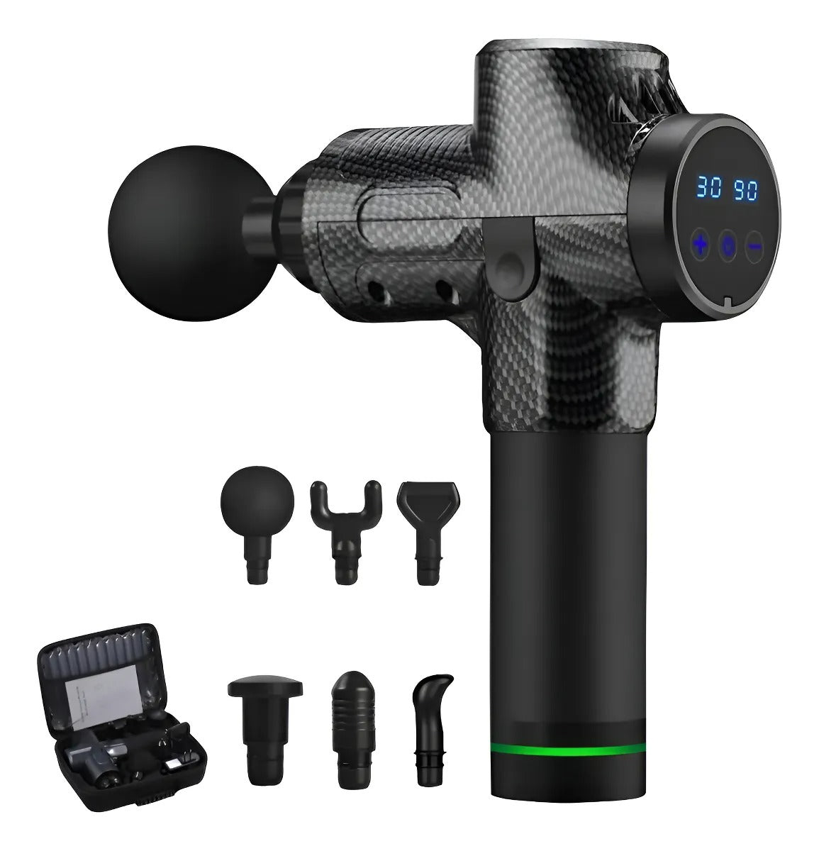 Pistola de Masaje de Percusión Profesional - 30 Velocidades y 6 Cabezales Intercambiables color Fibr — Genérico (ECT96771)